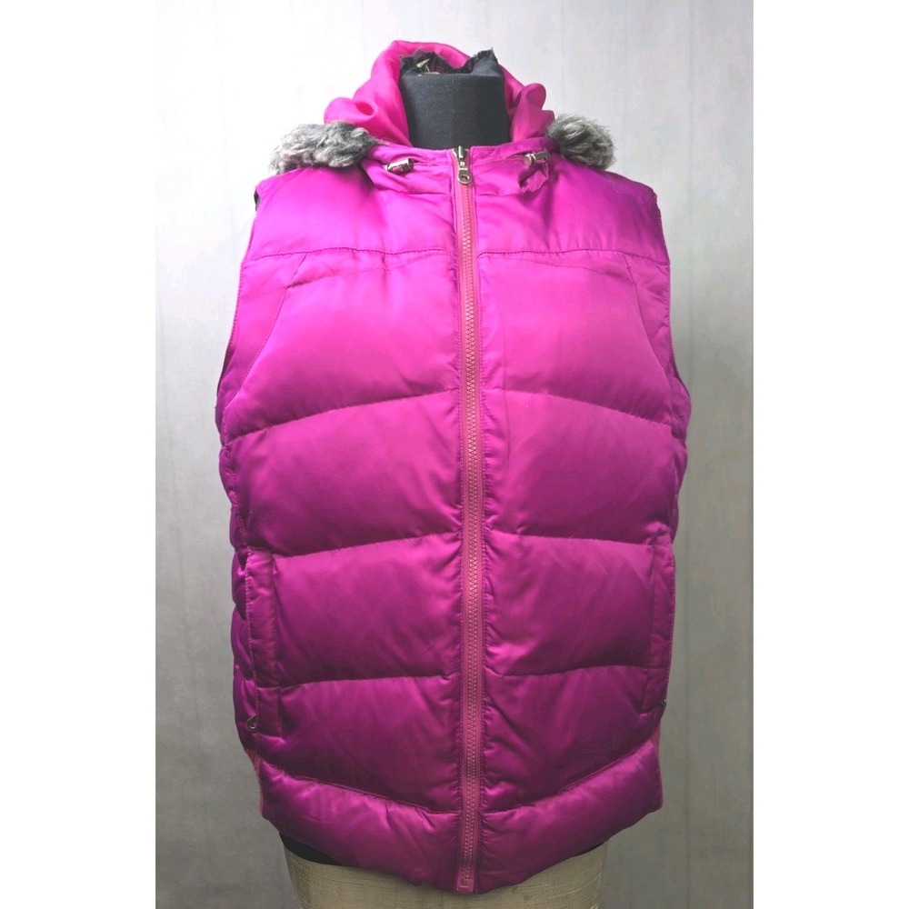 Style & Co Womens Sport Puffer Vest Pink Feather Down faux fur trim Hood Sz Lrg